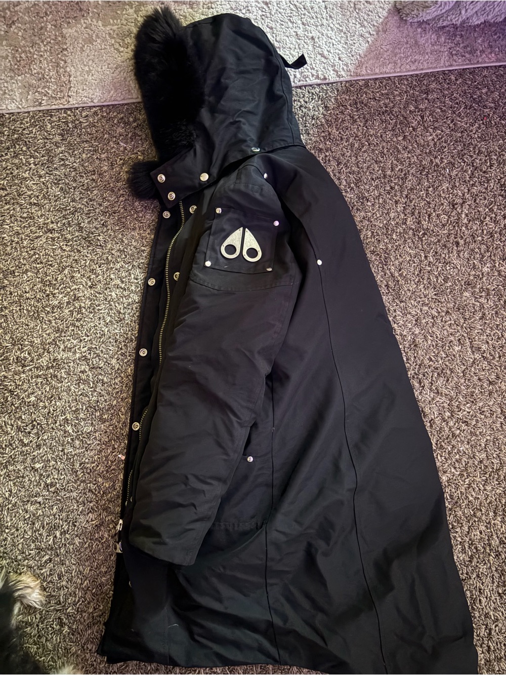 Moose Knuckles Women’s Black Long Puffer Parka with Fur-Trim Hood